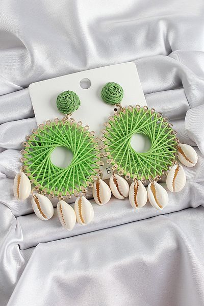 MBB ETİCARET Green Straw Weave Spiral Model Gold Color Women's Earrings with Hanging Seashell Detail - Tj-Bkp10728