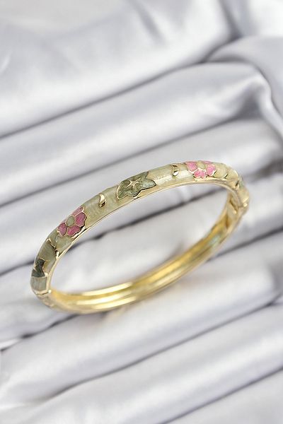MBB ETİCARET Mineli Brass Pink and Green Flower Motif Gold Color Women's Handcuffs - Tj-Bb7395