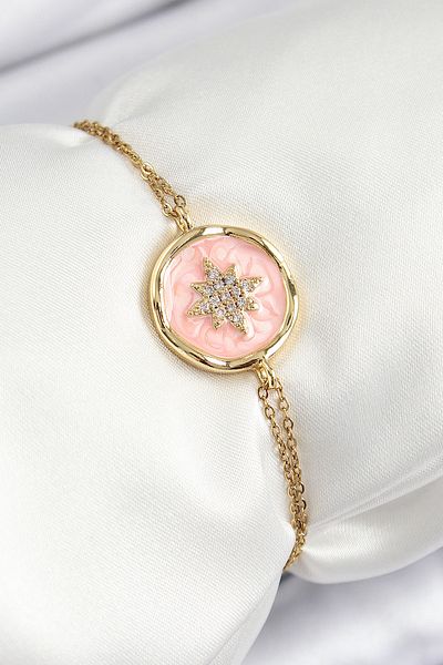 MBB ETİCARET 316L Steel Chain Pink Enamel Artistic Portrait North Star Model Gold Women's Bracelet