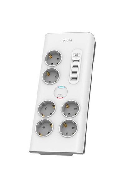 Philips Prelungitor SPN7060WA/58, Protecție pentru copii, Protecție la supratensiune, 6 prize, 1xUSB-C 3A 15W, 4xU