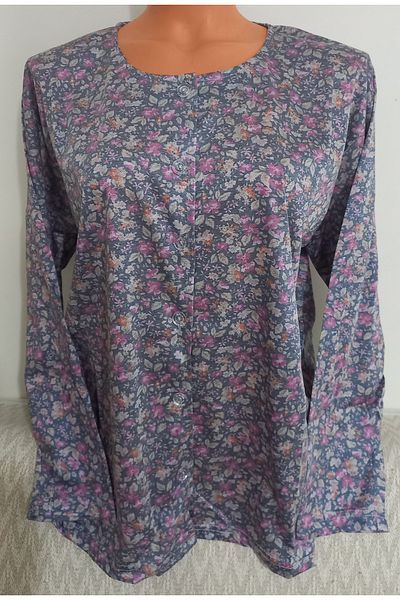 Anne Er Clothing Paper Print Combed Cotton Blouse Long-Sleeve Crew Neck Button Print