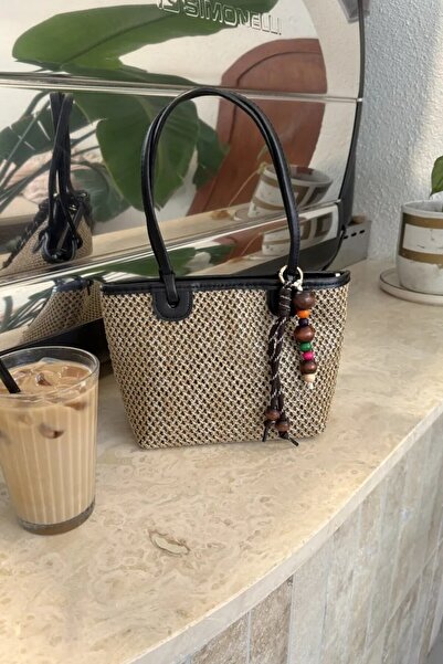 LEONAS Straw Women's Hand and Shoulder Bag Patter Black with Charm Accessories