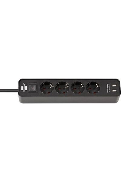 Brennenstuhl Prelungitor Ecolor cu întrerupător, 4 prize, 2 USB 2.1A, 1.5m, negru
