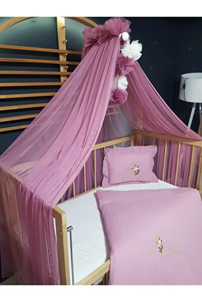 Baby Clime طقم نوم موسلين مطرز - غطاء لحاف 100x150 سم، شبكة ناموسية مع بوم بو...