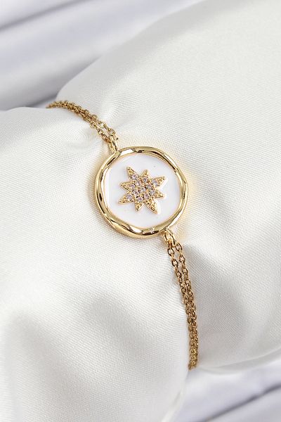 MBB ETİCARET 316L Steel Chain White Enamel Artistic Portrait North Star Model Gold Women's Bracelet