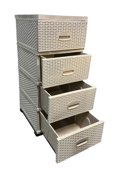 sterk Dulap Plastic Depozitare Tip Ratan, 4 Sertare, Bej