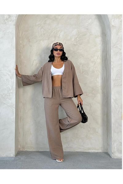 New Lune Women's Clothing Brown Color Oversize Linen Suit, Double Bottom Top Suit
