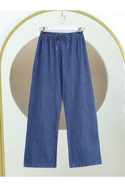 nedo7 Wide Leg Elastic Waist Lace Detailed Jeans - Dark Blue