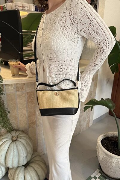 LEONAS Buckle Detailed Straw Women's Hand and Cross Shoulder Bag Rowan Black