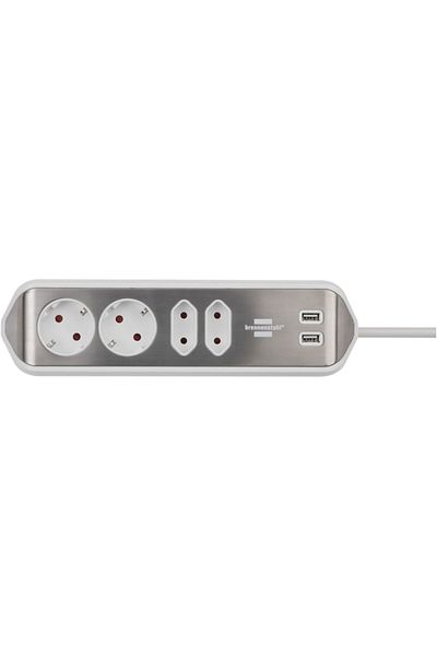 Brennenstuhl Prelungitor de colț pentru perete Estilo, 4 prize, 2xUSB 3.1 A, H05VV-F 3G1.5, 2m, Argintiu/Alb