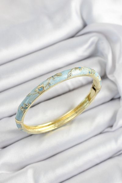 MBB ETİCARET Mineli Brass Turquoise Flower Motif Gold Color Women's Handcuffs - Tj-Bb7437