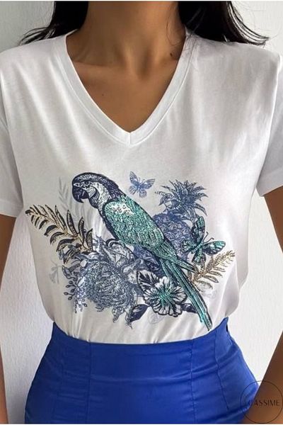 Cassime Women's White V-Neck Parrot Sequin Sequin Embroidered 100% Cotton T-Shirt Plus Size Xl-2Xl-3Xl