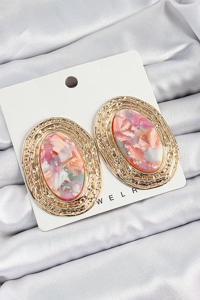 MBB ETİCARET Brass Marble Patterned Pink Oval Vintage Model Gold Color Women's Earrings - Tj-Bkp10779