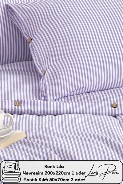 Larispera Yarn Dyed Cotton Double Striped Buttoned Duvet Cover Set 200X220 cm King Size