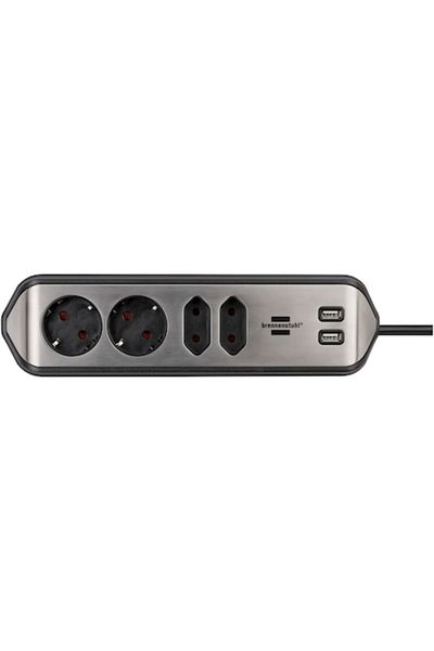Brennenstuhl Prelungitor de perete/colț Estilo, 4 prize, 2xUSB 3.1 A, H05VV-F 3G1.5, 2m, argintiu/negru