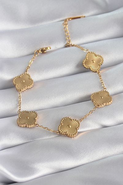 MBB ETİCARET 316L Steel Gold Color Clover Model Embroidered Detail Women's Bracelet - TJ-BB5882