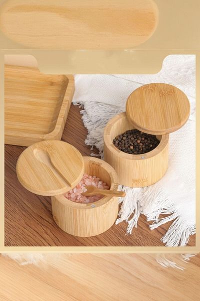 safestore 2-Piece Bamboo Spoon Rotating Lid Spice Box Bamboo Salt and Pepper Shaker Spice Rack