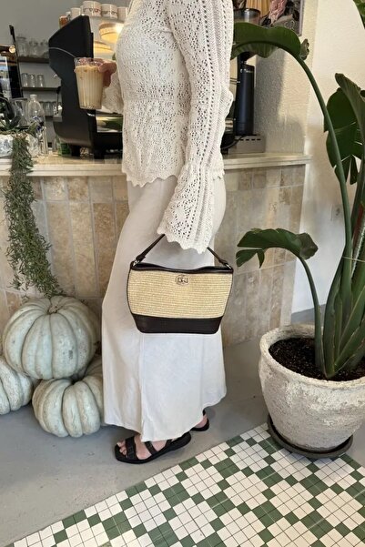 LEONAS Buckle Detailed Straw Women's Hand and Cross Shoulder Bag Rowan Bitter Brown