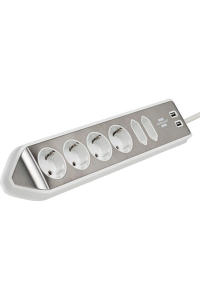 Brennenstuhl Prelungitor de perete/colț Estilo, 6 prize, 2xUSB, 3.1 A, cablu H05VV-F 3G1.5, 2m, argintiu