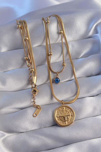 MBB ETİCARET 316L Steel Chain Gold Color Italian Chain 2-Piece Compass Necklace with Evil Eye Beads - TJ-BKO8834