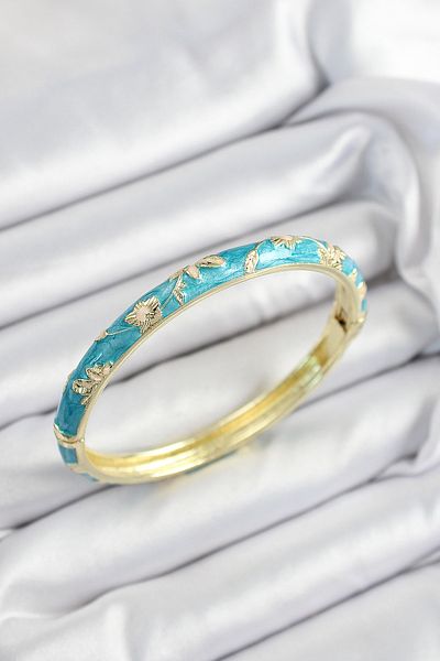 MBB ETİCARET Mineli Brass Blue Flower Motif Gold Color Women's Handcuffs - Tj-Bb7439
