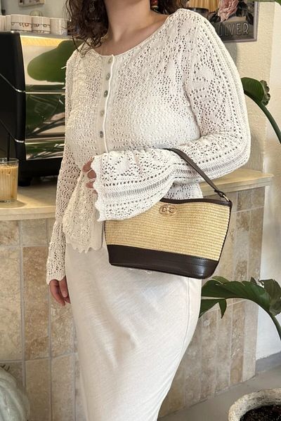 LEONAS Buckle Detailed Straw Women's Hand and Cross Shoulder Bag Rowan Bitter Brown