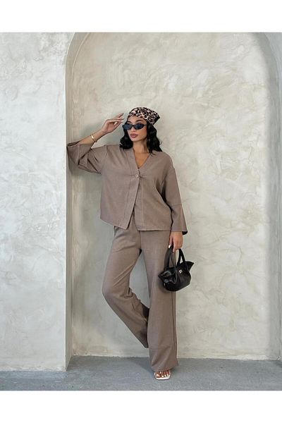 New Lune Women's Clothing Brown Color Oversize Linen Suit, Double Bottom Top Suit