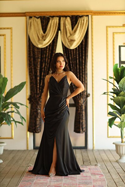 sağlam tasarım Siyah Saten Kruvaze Elbise