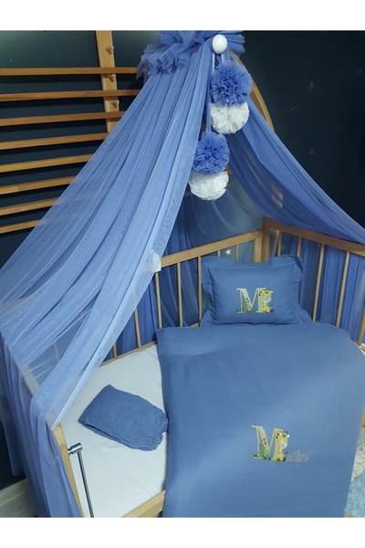 Baby Clime طقم نوم موسلين مطرز - غطاء لحاف 80x120 سم، شبكة ناموسية مع بوم بوم...