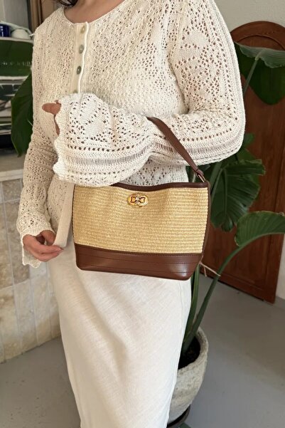 LEONAS Buckle Detailed Straw Women's Hand and Cross Shoulder Bag Rowan Brown