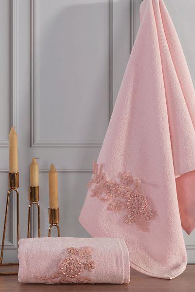 TİNİMİNİ HOME Σετ πετσετών Güneş Guipure Velvet 2 τεμαχίων |   Προίκα |   Σετ πετσετών |   Σετ πετσετών δώρου |   Ροζ