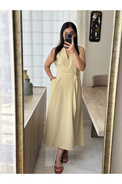 Dsa Fleur Sarı Keten Elbise