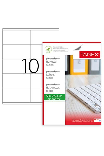 Tanex Set de 1000 etichete autoadezive A4, 100 coli, 10 etichete/coală, 105x57 mm, colțuri drepte,