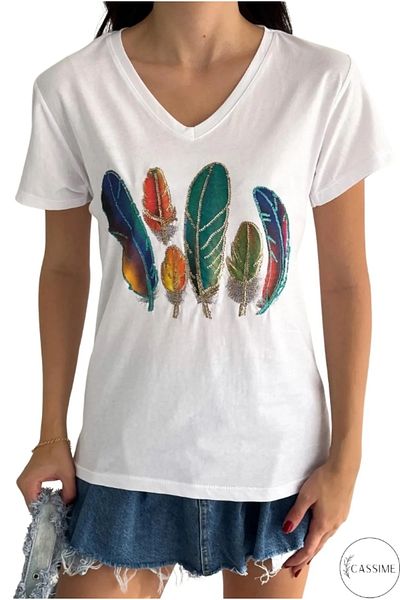 Cassime Women's White V-Neck Colorful Feather Sequins Sequin Embroidered Tassel 100% Cotton T-Shirt S-M-L