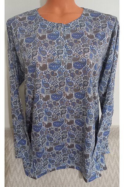 Anne Er Clothing Paper Print Combed Cotton Blouse Long-Sleeve Crew Neck 3 Button Pattern