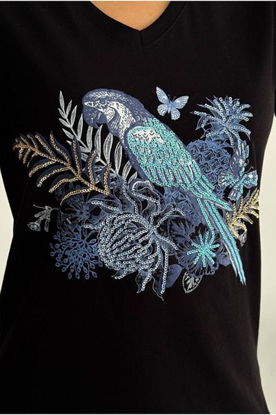 Cassime Women's Black V-Neck Parrot Sequin Sequin Embroidered 100% Cotton T-Shirt Plus Size Xl-2Xl-3Xl