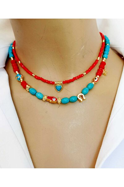 shop Leyla Turkuaz Kırmızı Kristal Nazar Ve Kalp Uçlu Yaz Stili Kolye Seti