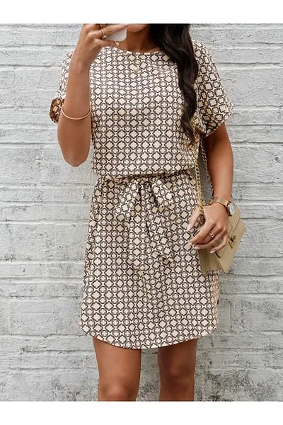 Simala Rochie de damă cu mâneci scurte, cu gât rotund, cu model geometric, cu curea în talie