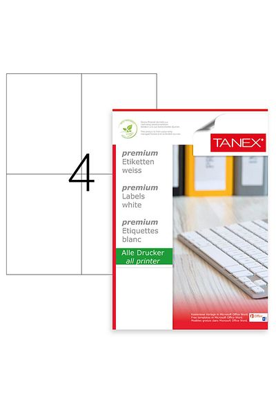 Tanex Set de 400 etichete autoadezive A4, 100 coli, 4 etichete/coală, 105x148,5 mm, colțuri drepte,
