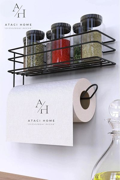 ATACI Adhesive Shampoo Holder Spice Rack 1Pcs Metal Paper Towel Holder Stylish Kitchen Bathroom Shelf with Black Stand