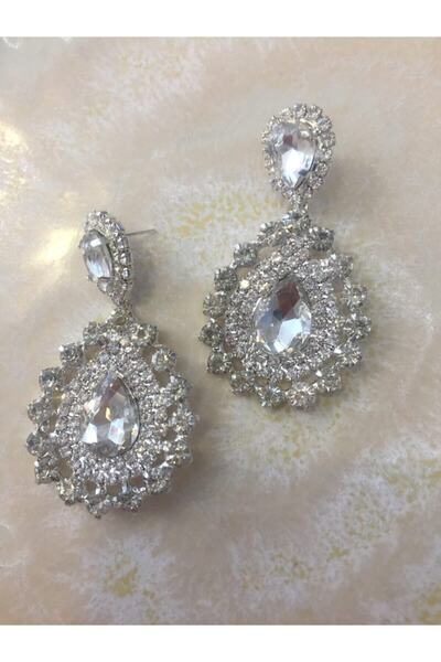 Hobigram Gümüş Renkli Taşlı Gelin Kına Davet Küpesi – Kadın Aksesuar Takı Set...