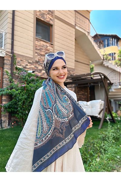 Modakaşmir Floral Ethnic Pattern Shawl Navy Blue