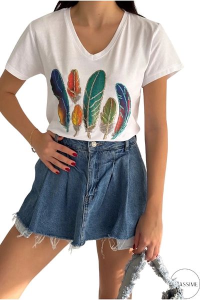 Cassime Women's White V-Neck Colorful Feather Sequins Sequin Embroidered Tassel 100% Cotton T-Shirt S-M-L