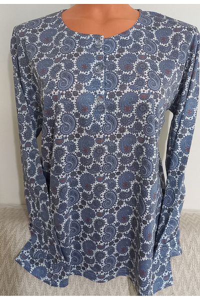 Anne Er Clothing Paper Print Combed Cotton Blouse Long-Sleeve Crew Neck 3 Button Pattern