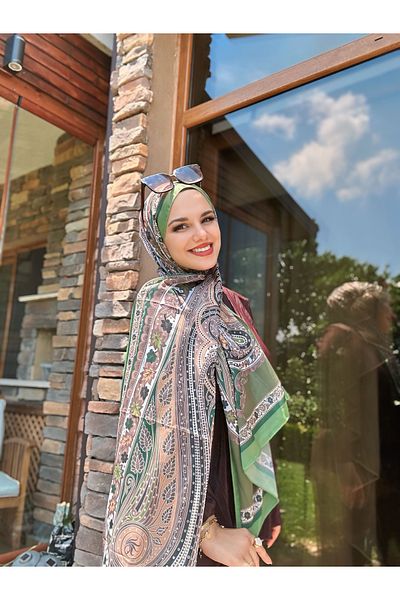 Modakaşmir Floral Ethnic Pattern Shawl Green