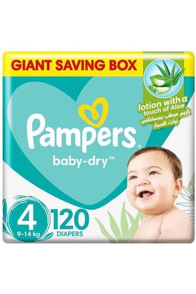 Pampers Baby Dry Taped Diapers with Aloe Vera Lotion, up to 100% Leakage Protection, Size 4, 9-14kg