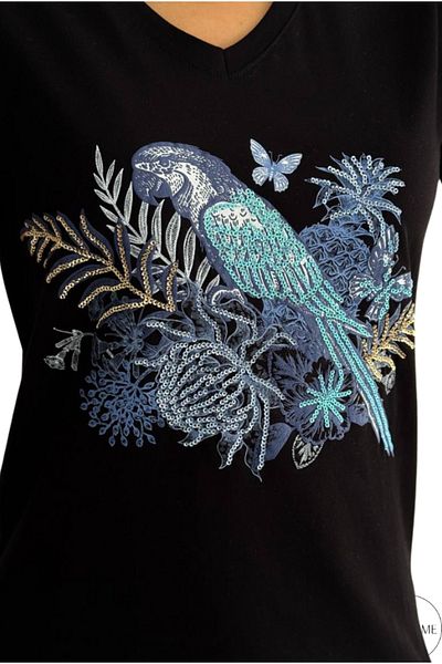 Cassime Women's Black V-Neck Parrot Sequin Sequin Embroidered 100% Cotton T-Shirt Plus Size Xl-2Xl-3Xl
