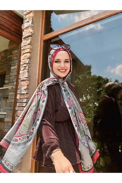 Modakaşmir Floral Ethnic Pattern Shawl Gray