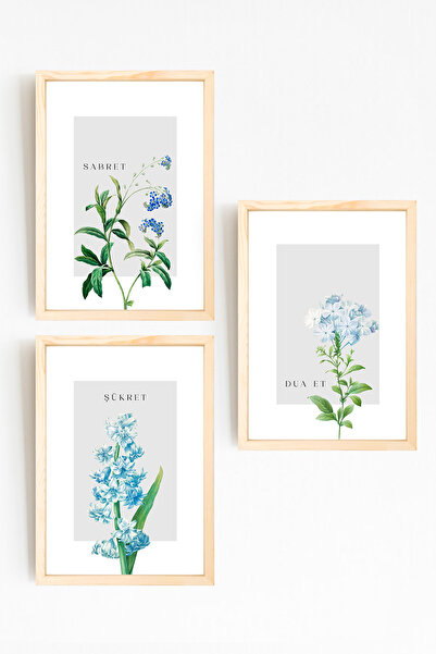 acargrafik Sabret Şükret Dua Et Tasarımlı Dekoratif Ahşap 3 Parça Tablo Seti