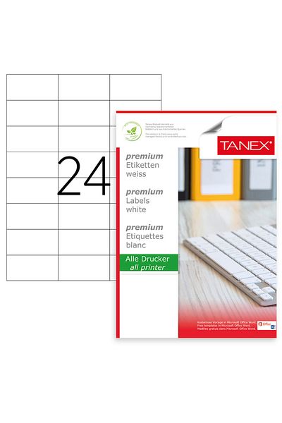 Tanex Set de 2400 etichete autoadezive, 100 coli A4, 24 etichete/coală, 70x37,125 mm, colțuri drepte,